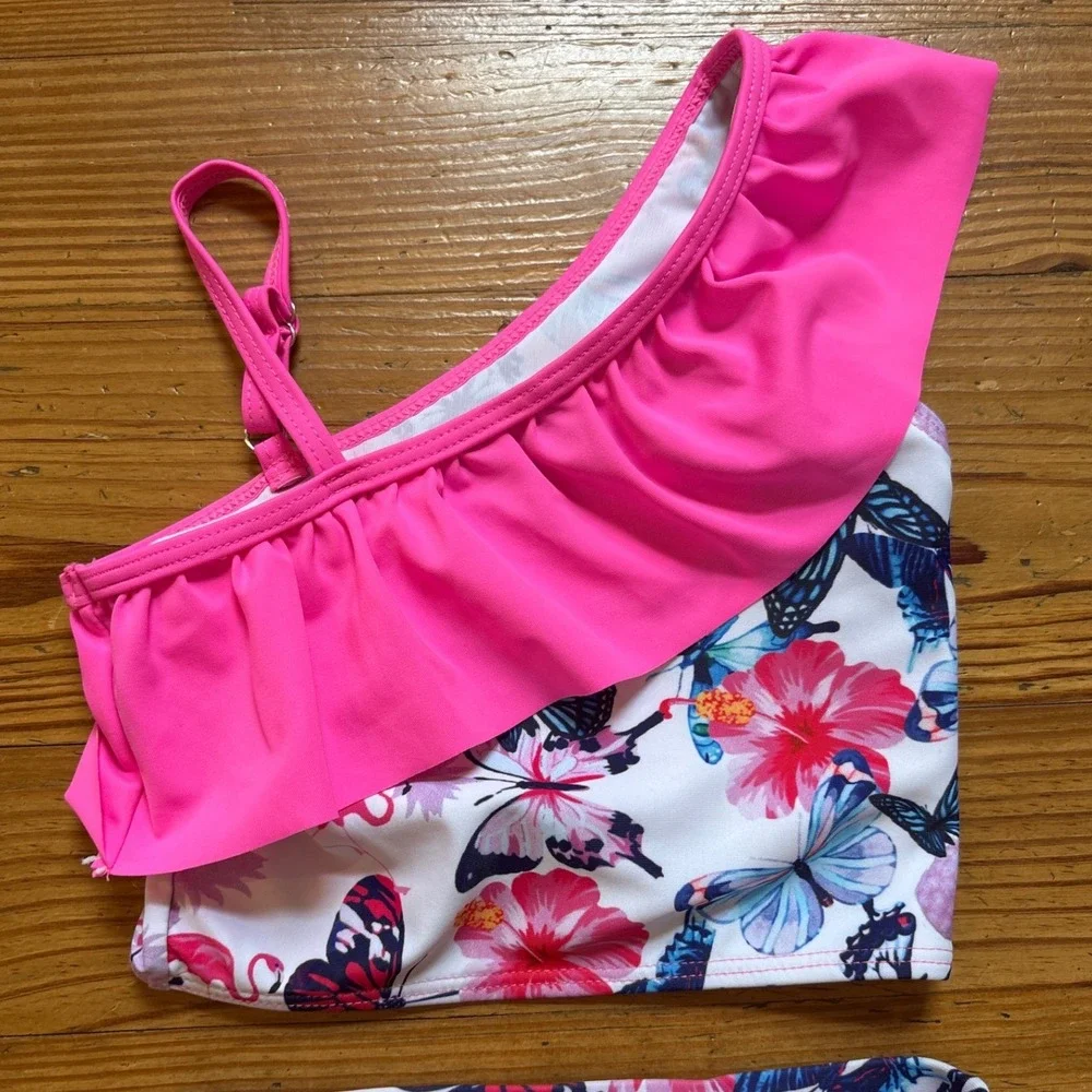 Two Piece Swimsuit Kids Pink Tropical Butterfly Ruffle SIZE 3Y‎